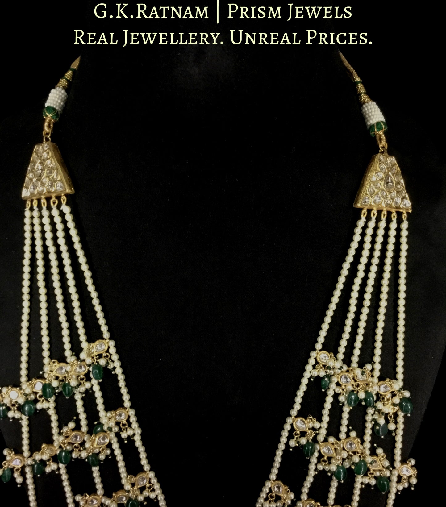 23k Gold and Diamond Polki Panch-Lad (five-row) Necklace with Green Beryls and Pearls