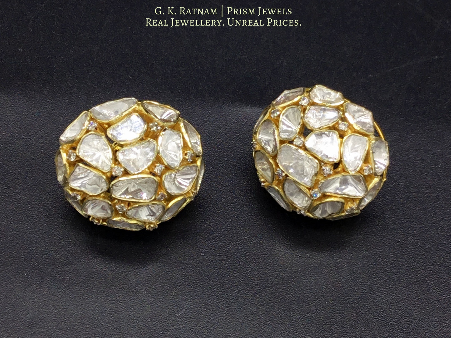 14K Gold and Diamond Polki Open Setting dome-shaped Tops / Studs Earring Pair