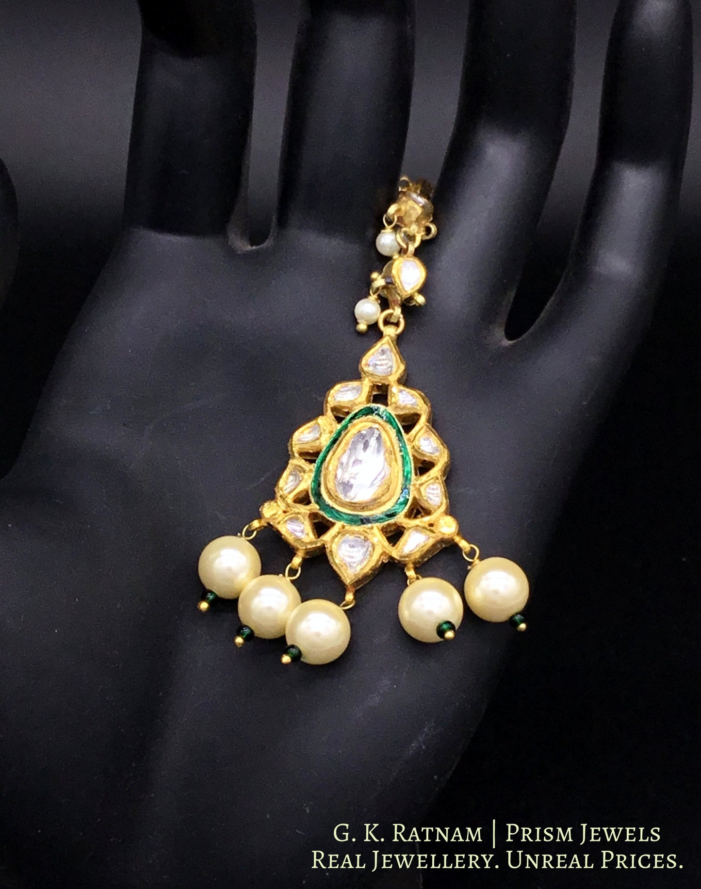 18k Gold and Diamond Polki Green Enamel Maang Tika