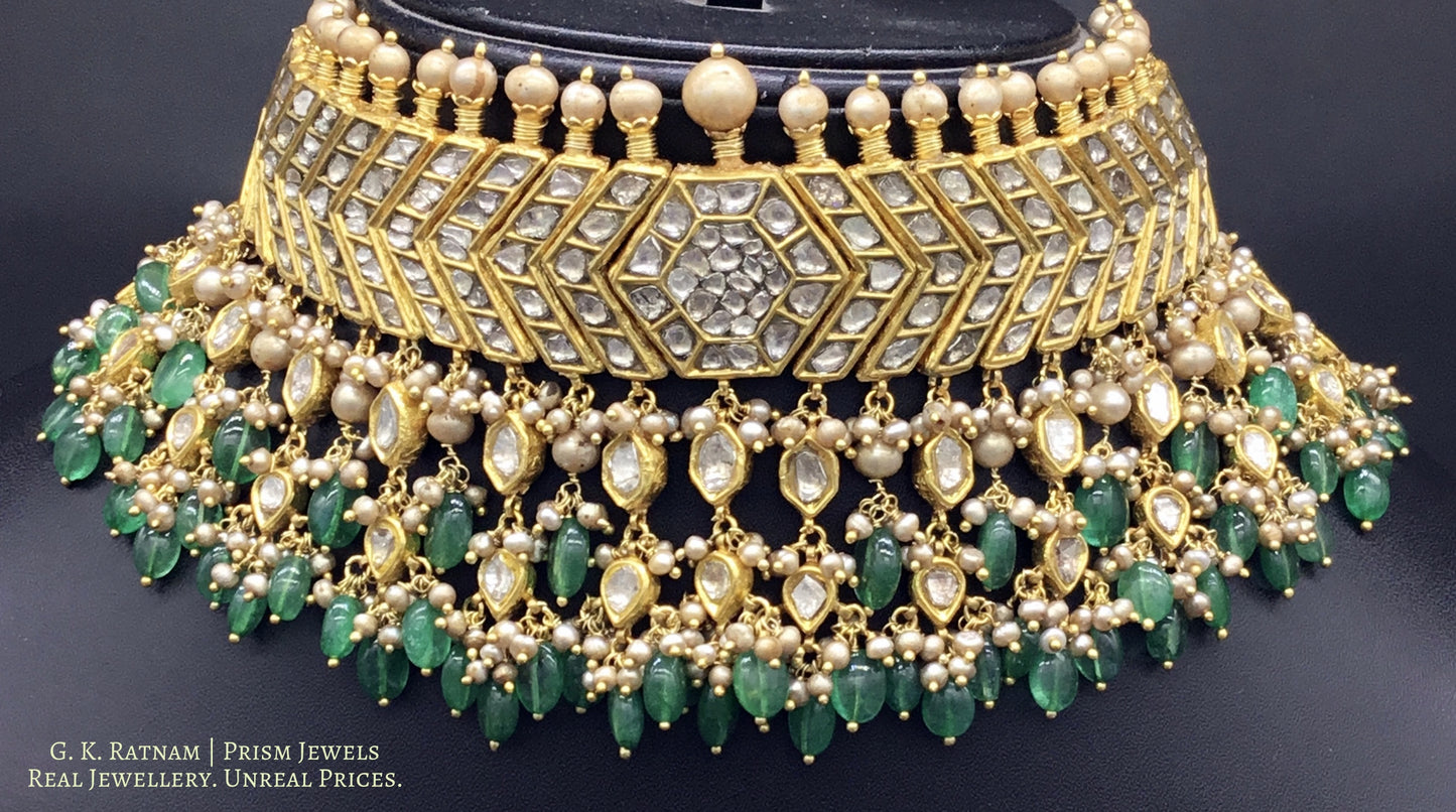 23k Gold and Diamond Polki Choker Necklace Set with Corals, Beryls and Antiqued Hyderabadi Pearls - gold diamond polki kundan meena jadau jewellery