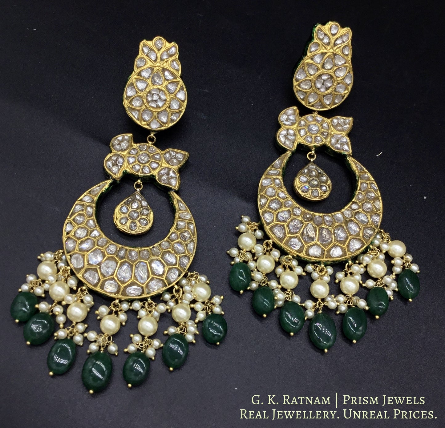 23k Gold and Diamond Polki Collar Necklace Set with emerald-grade green beryls and lustrous pearls - gold diamond polki kundan meena jadau jewellery