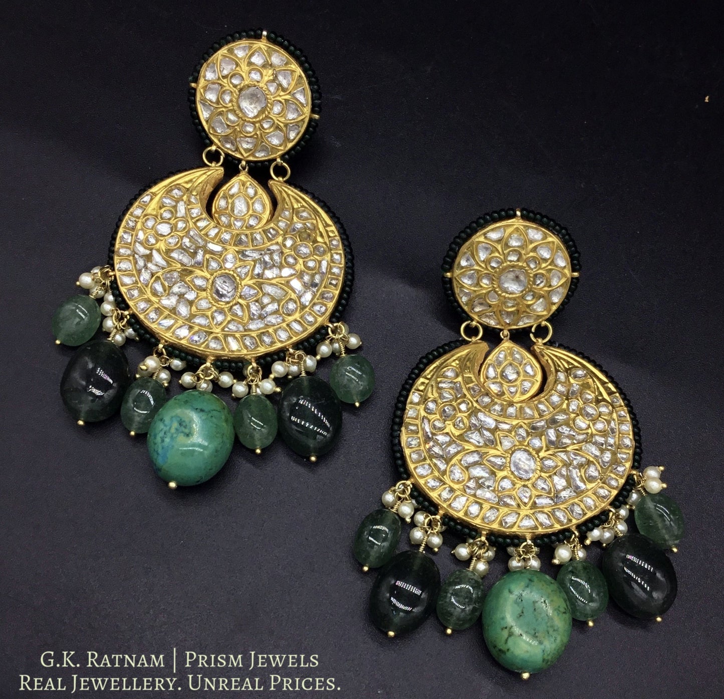 23k Gold and Diamond Polki long Necklace Set enhanced with big turquoises and aventurines