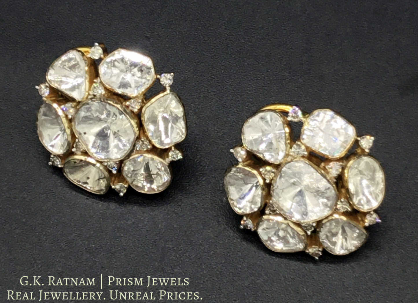 14k Gold and Diamond Polki Open Setting Tops / Studs Earring Pair with Cut Diamonds interspersed in Uncuts - gold diamond polki kundan meena jadau jewellery
