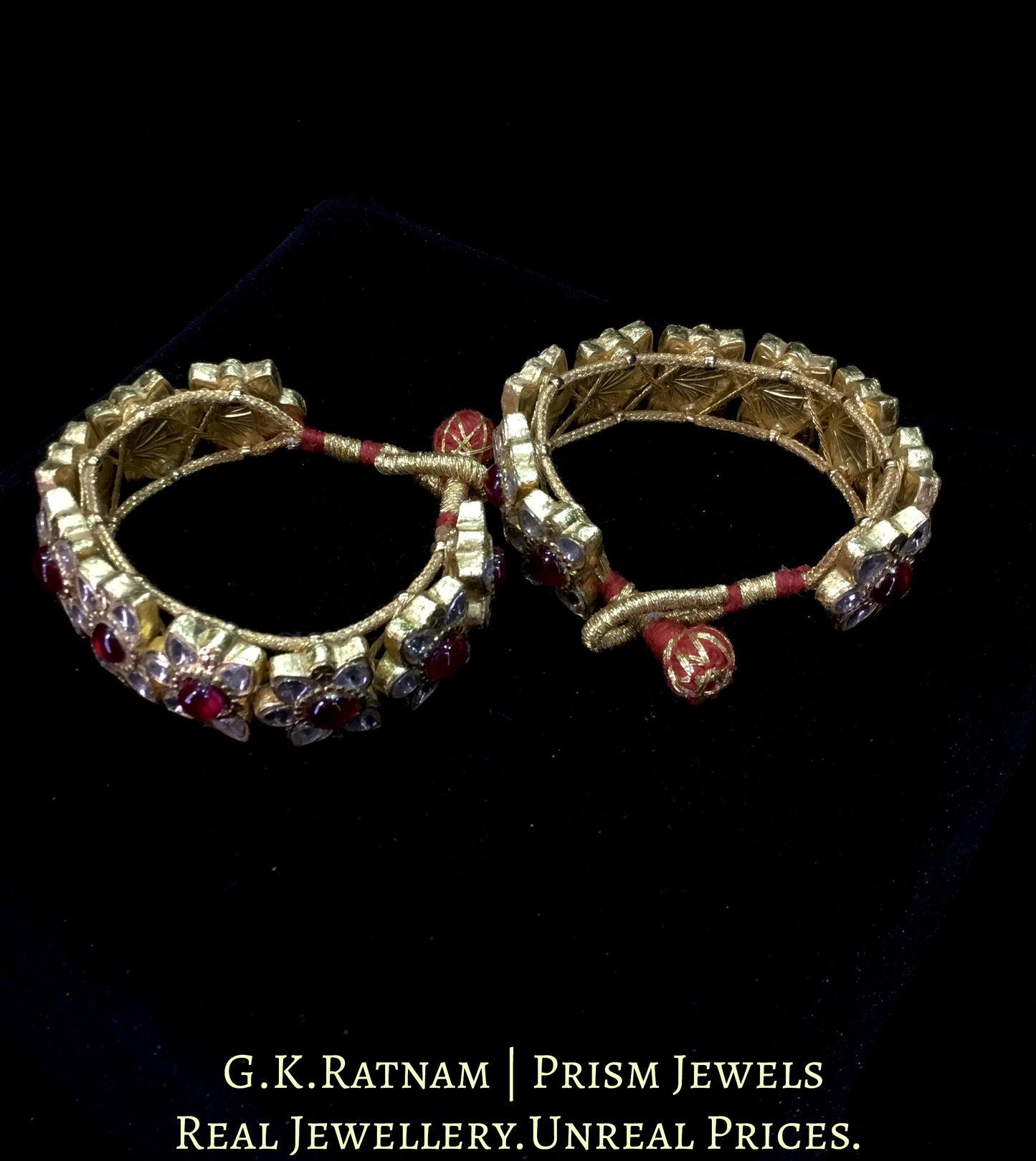 23k Gold and Diamond Polki Bracelet Pair (Paunchi / Ponchi) with ruby-red Stones