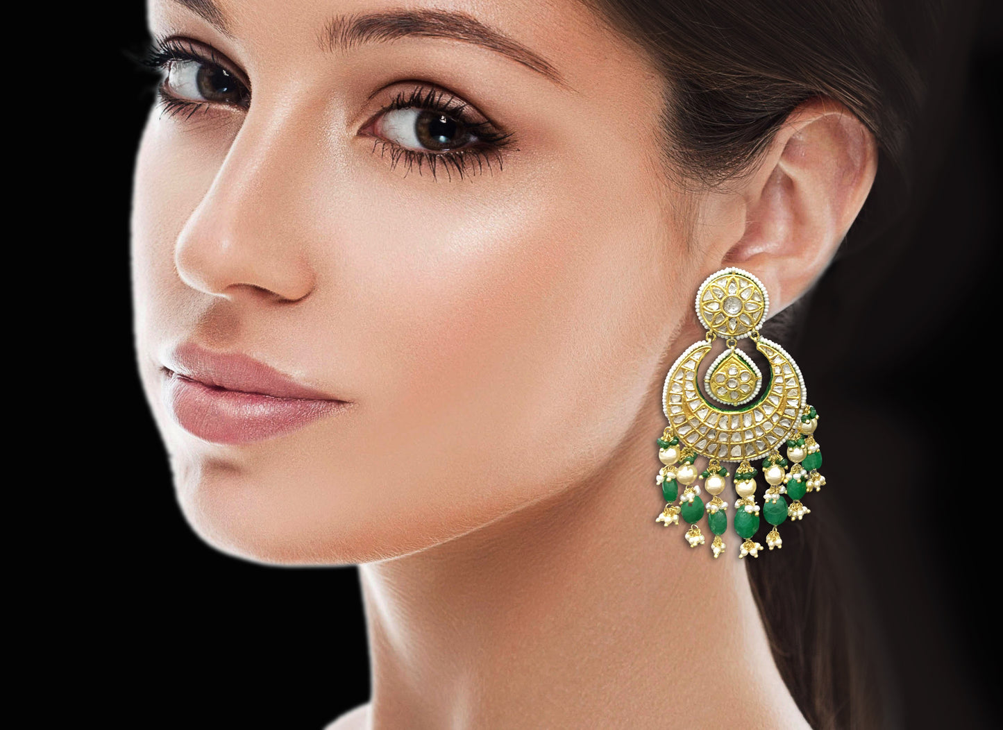 23k Gold and Diamond Polki Chand Bali Earring Pair with chandelier-like stringing of pearls and emerald-grade beryls - G. K. Ratnam