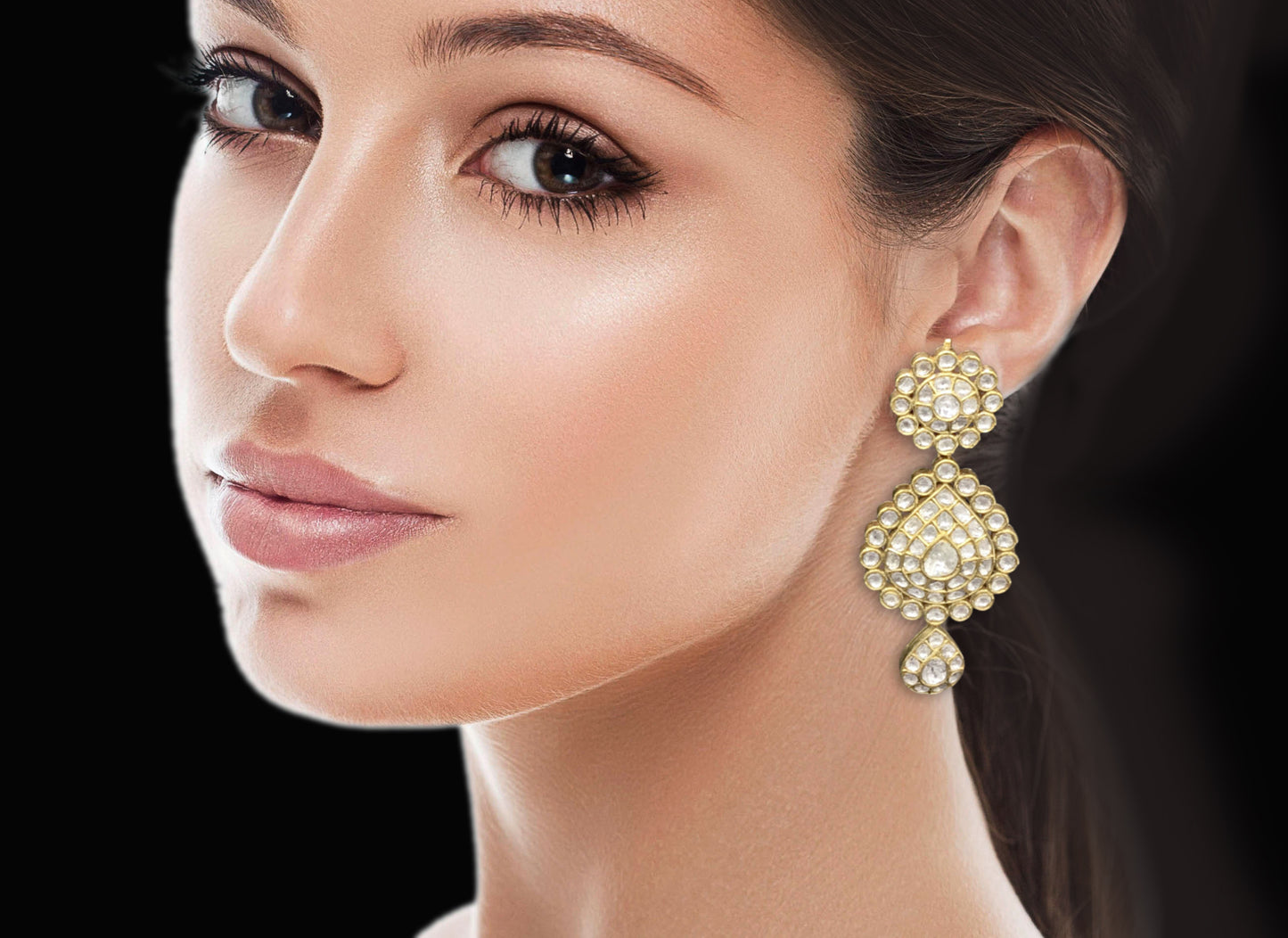 18k Gold and Diamond Polki Long Earring Pair