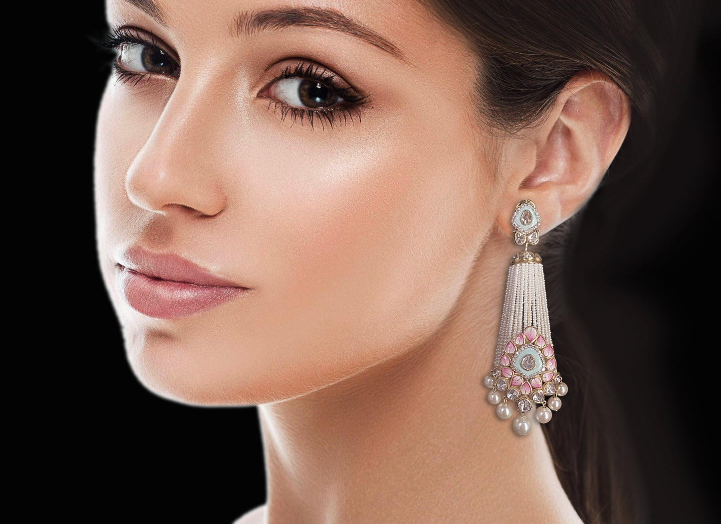 18k Gold and Diamond Polki Open Setting Long Jhumki Earring Pair With Pastel Meenakari and Chid Pearls