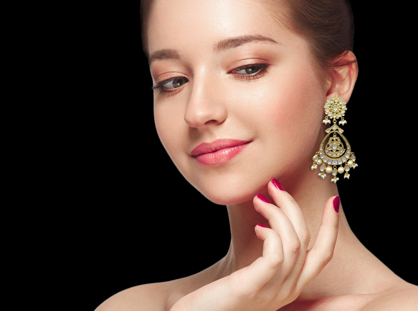 Traditional Gold and Diamond Polki Chand Bali Earring Pair with triple-coated shell pearls - G. K. Ratnam