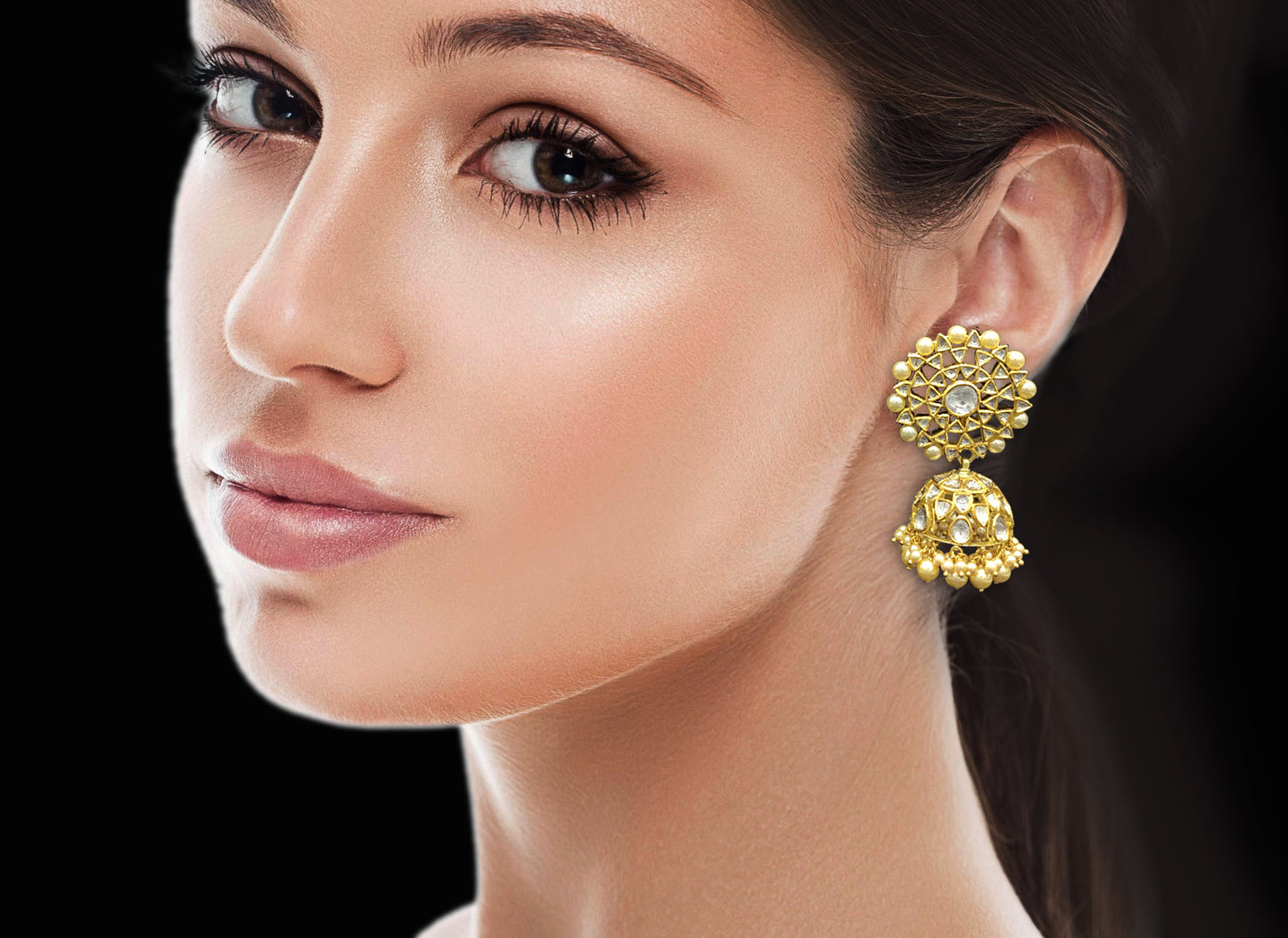 18k Gold and Diamond Polki Karanphool Jhumki Earring Pair with lustrous shell pearls