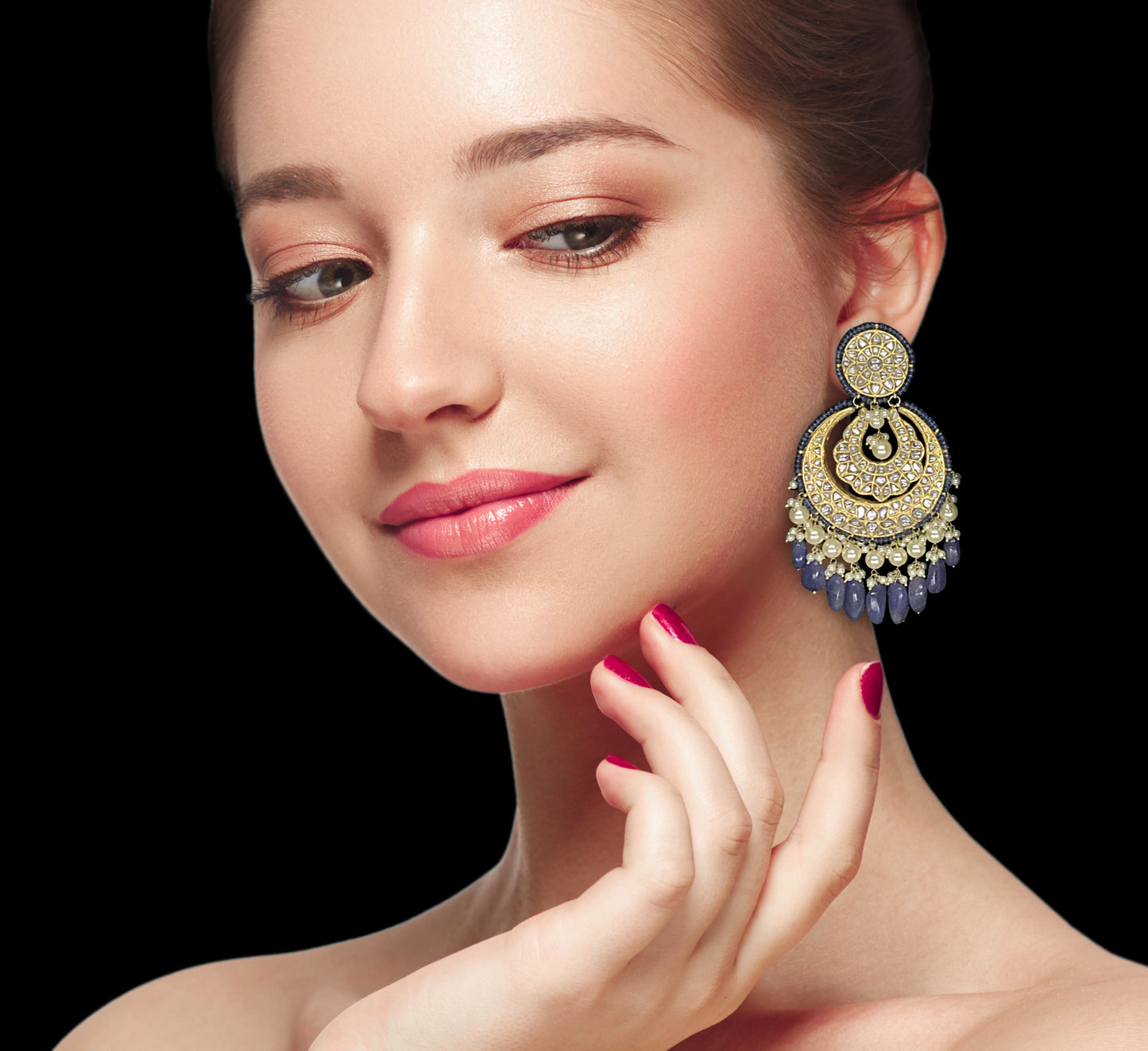 23k Gold and Diamond Polki Chand Bali Earring Pair strung with Blue Sapphires and lustrous Pearls