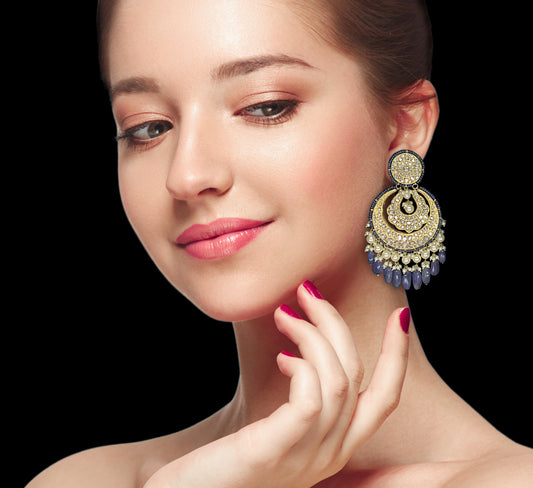 23k Gold and Diamond Polki Chand Bali Earring Pair strung with Blue Sapphires and lustrous Pearls