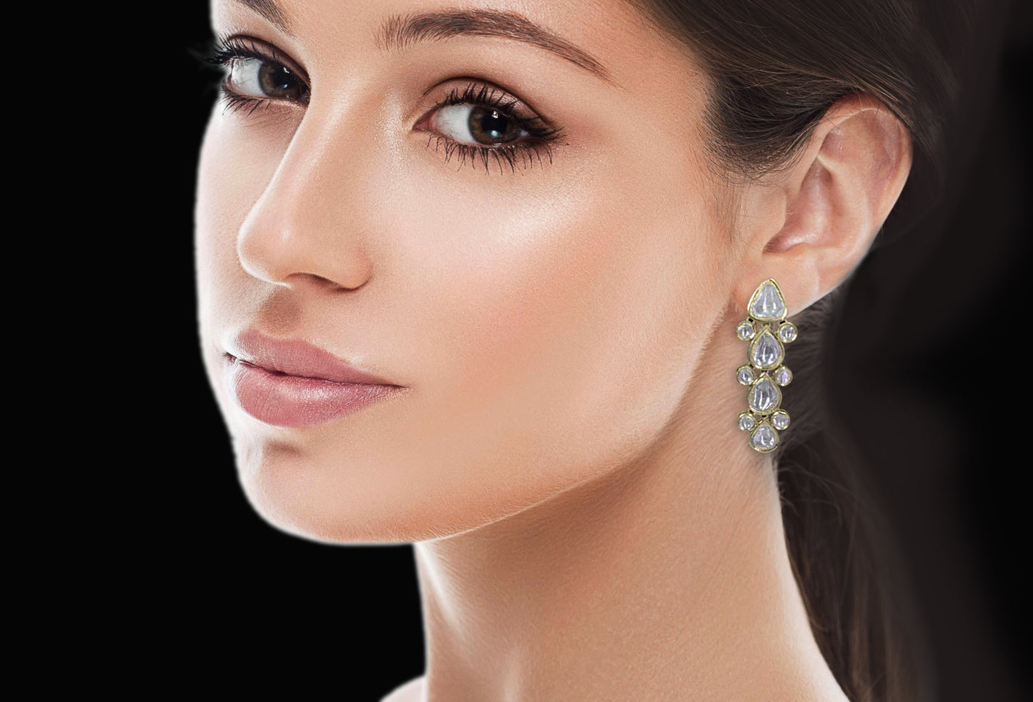 18k Gold and Diamond Polki Long Earring Pair With pear-shaped Uncuts