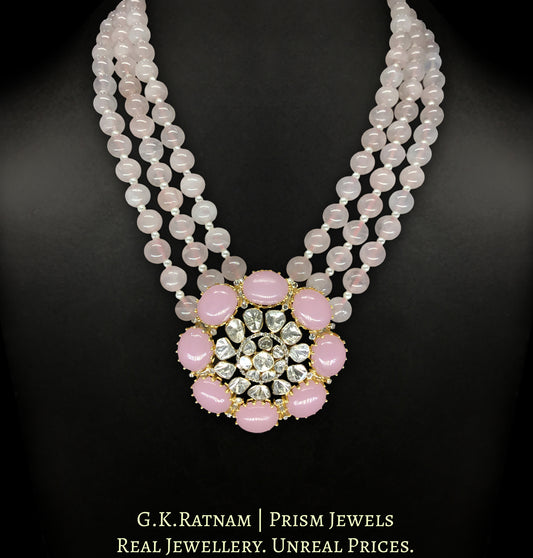 18k Gold and Diamond Polki Open Setting pink Pendant Set With Rose Quartz Beads