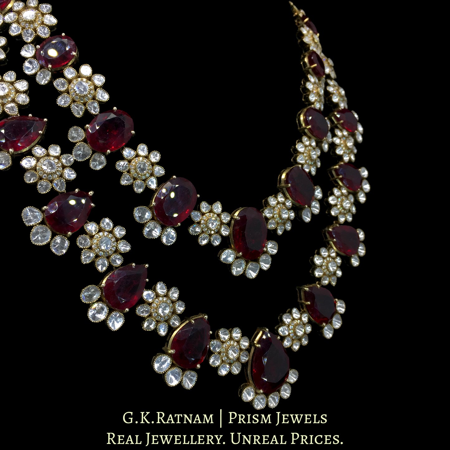 14K Gold And Diamond Polki Rubies Necklace Set With Lab Grown Rubies - G. K. Ratnam