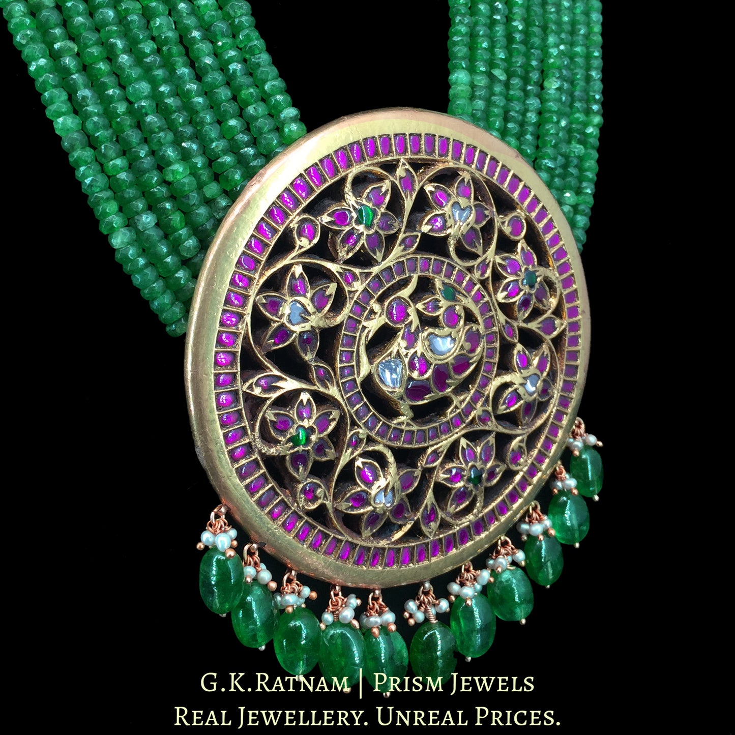 23K Gold And Diamond Polki Pendant With Strawberry Quartz Bunch - G. K. Ratnam