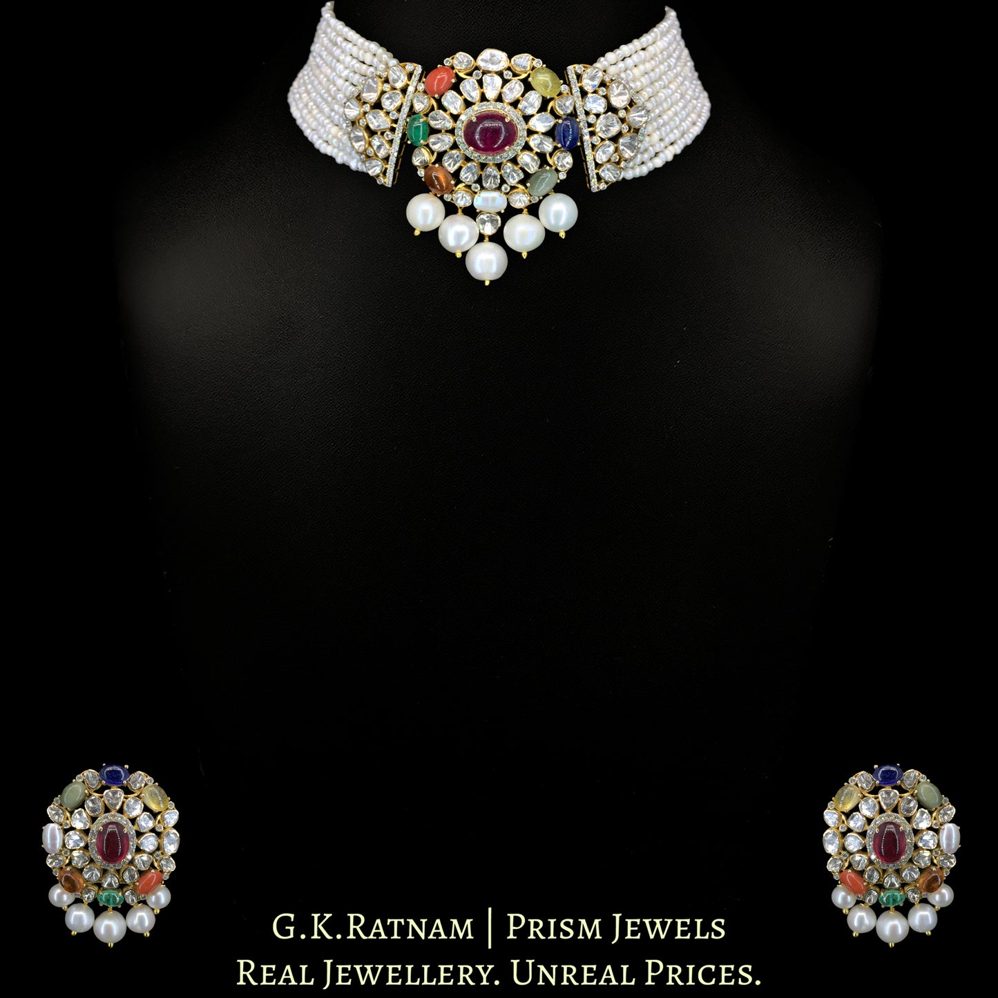 14K Gold And Diamond Polki Open Setting Choker Necklace Set With Pearls - G. K. Ratnam