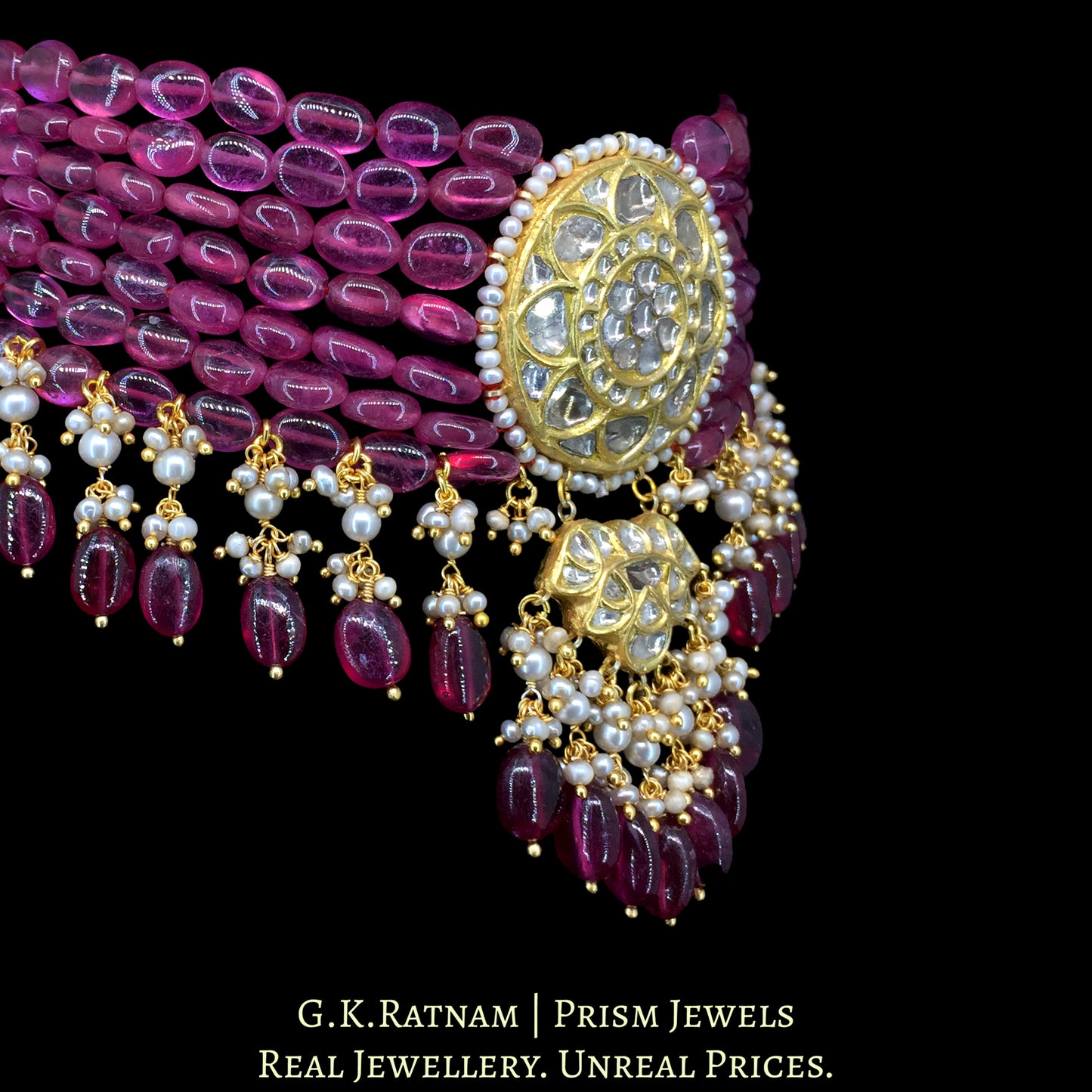 23k Gold and Diamond Polki Choker Necklace Set with Natural (glass-filled) Rubies