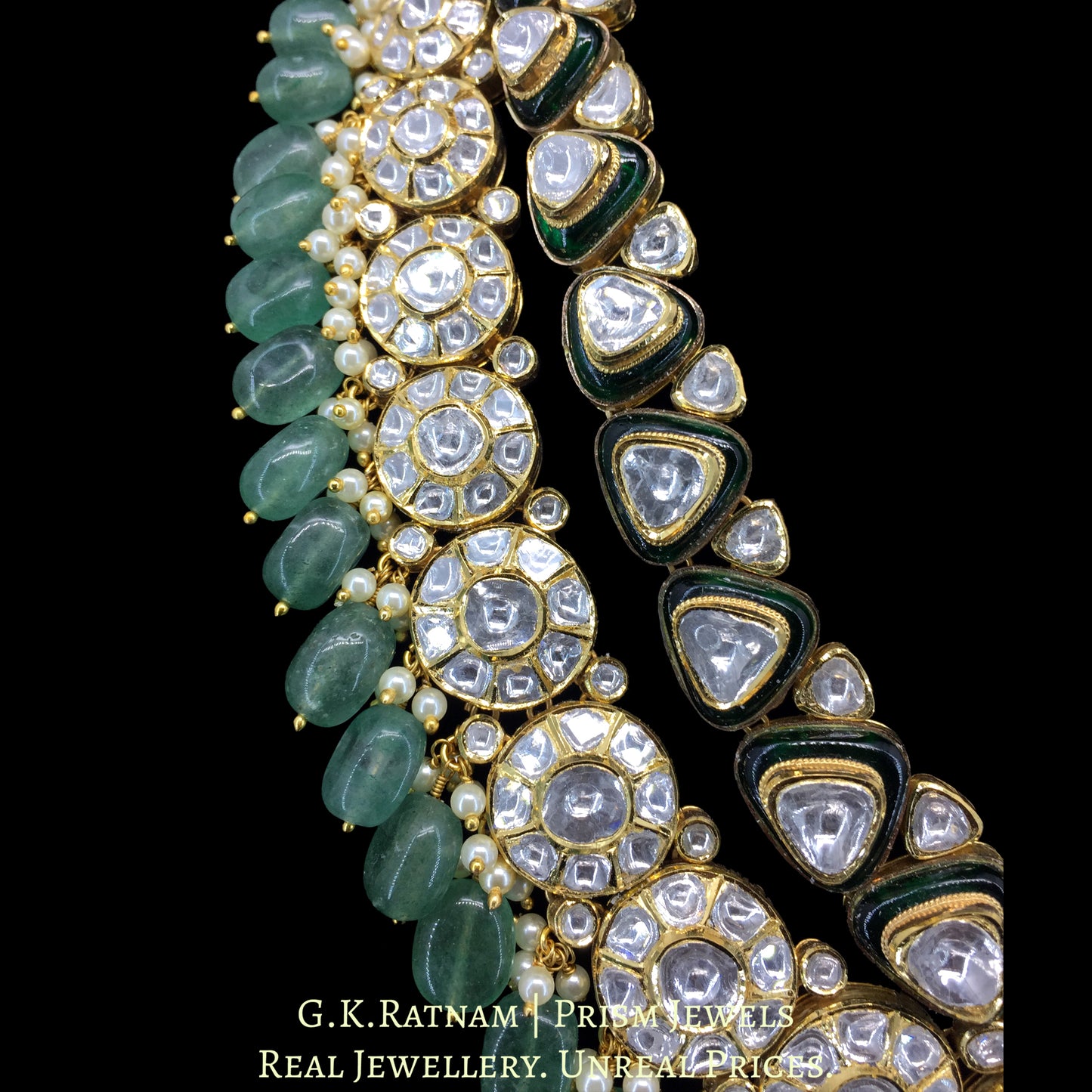 14k Gold and Diamond Polki Long Necklace Set enhanced with Strawberry Quartz