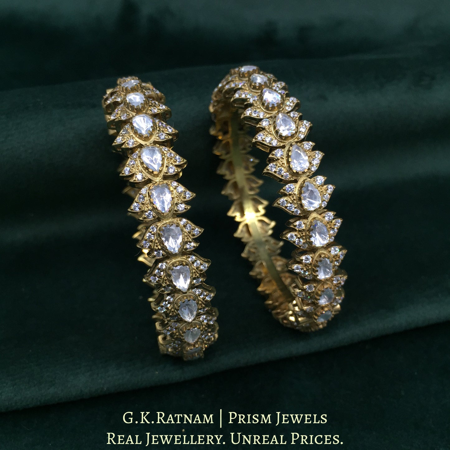 925 Silver Moissanites Polki Bangle Pair With Antique Finish - G. K. Ratnam