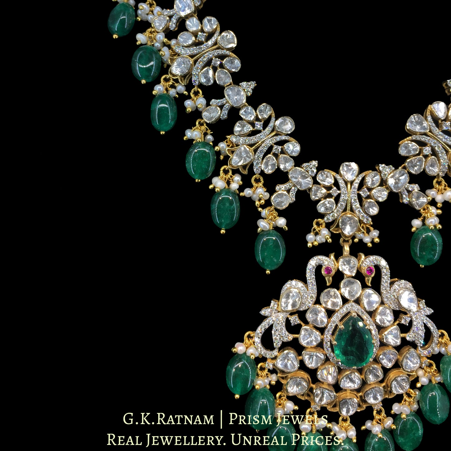 14K Gold And Diamond Polki Open Setting Long Necklace Set With Labgrown Emerald And Strawberry Quartz - G. K. Ratnam