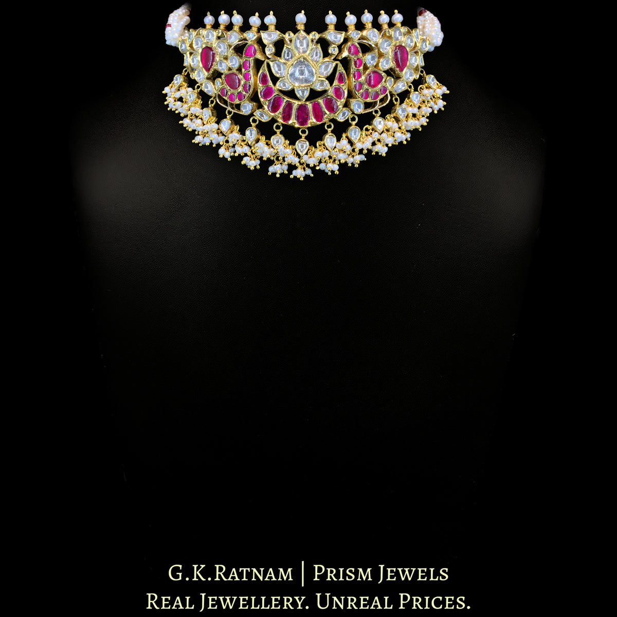 18k Gold and Diamond Polki Choker Necklace with Hyderabadi Pearls - G. K. Ratnam