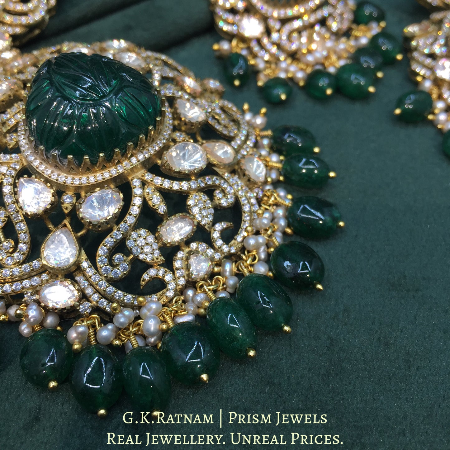 925 Silver Moissanite Polki Pendant Set With Lab-grown Emeralds And Strung In Pearls - G. K. Ratnam