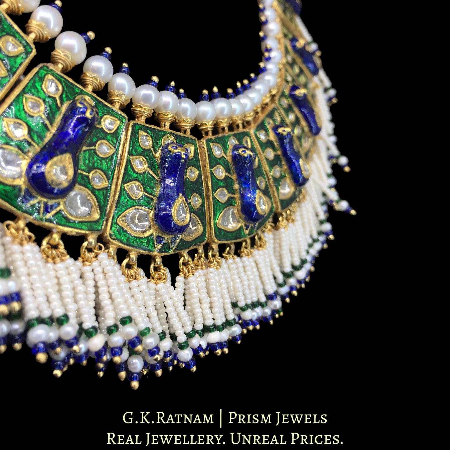 23k Gold and Diamond Polki Necklace Set with Peacock Motifs in Meenakari