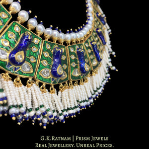 23k Gold and Diamond Polki Necklace Set with Peacock Motifs in Meenakari