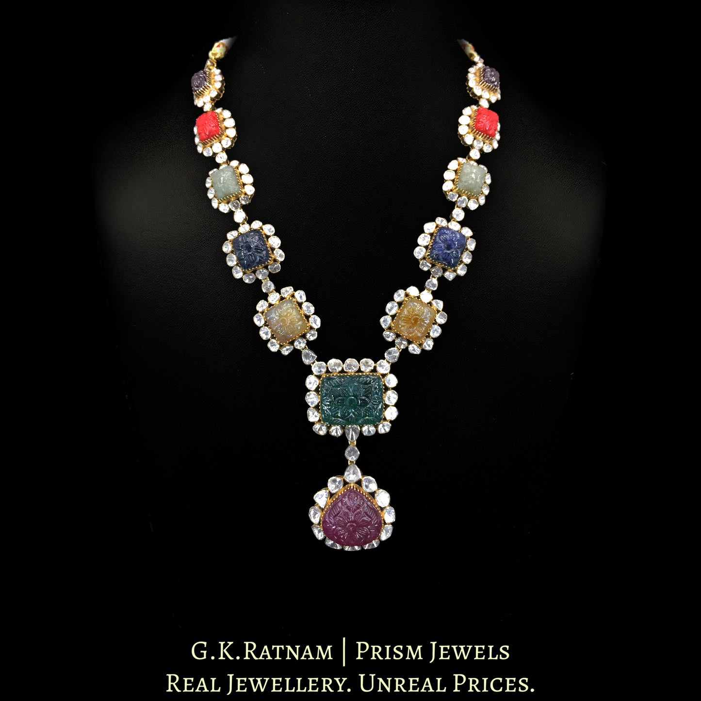 14k Gold and Diamond Polki Open Setting Long Navratna Necklace