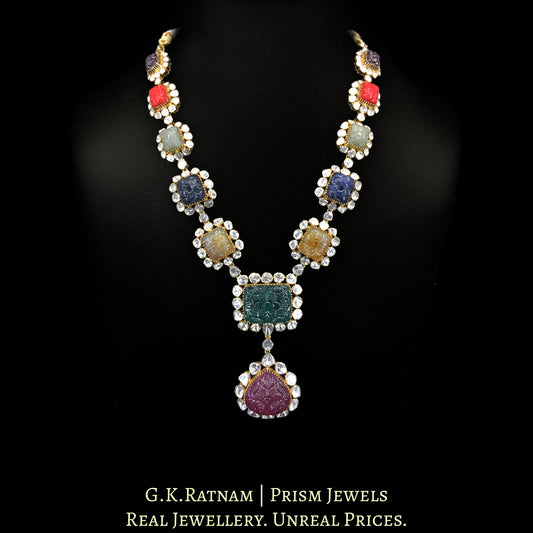 14k Gold and Diamond Polki Open Setting Long Navratna Necklace - G. K. Ratnam