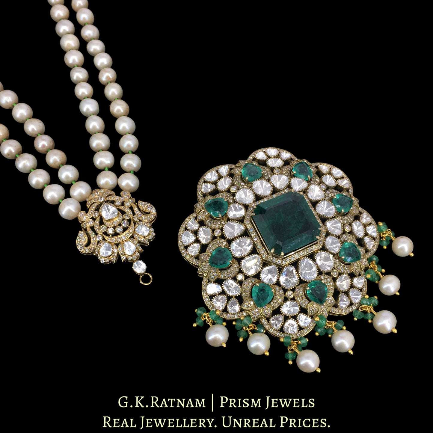 18k Gold and Diamond Polki Open Setting Pendant with Antiqued Hyderabadi Pearls