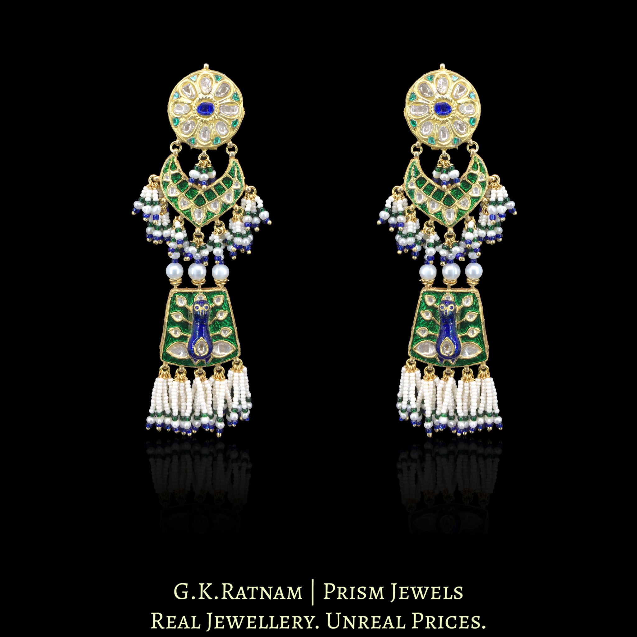 23k Gold and Diamond Polki Necklace Set with Peacock Motifs in Meenakari