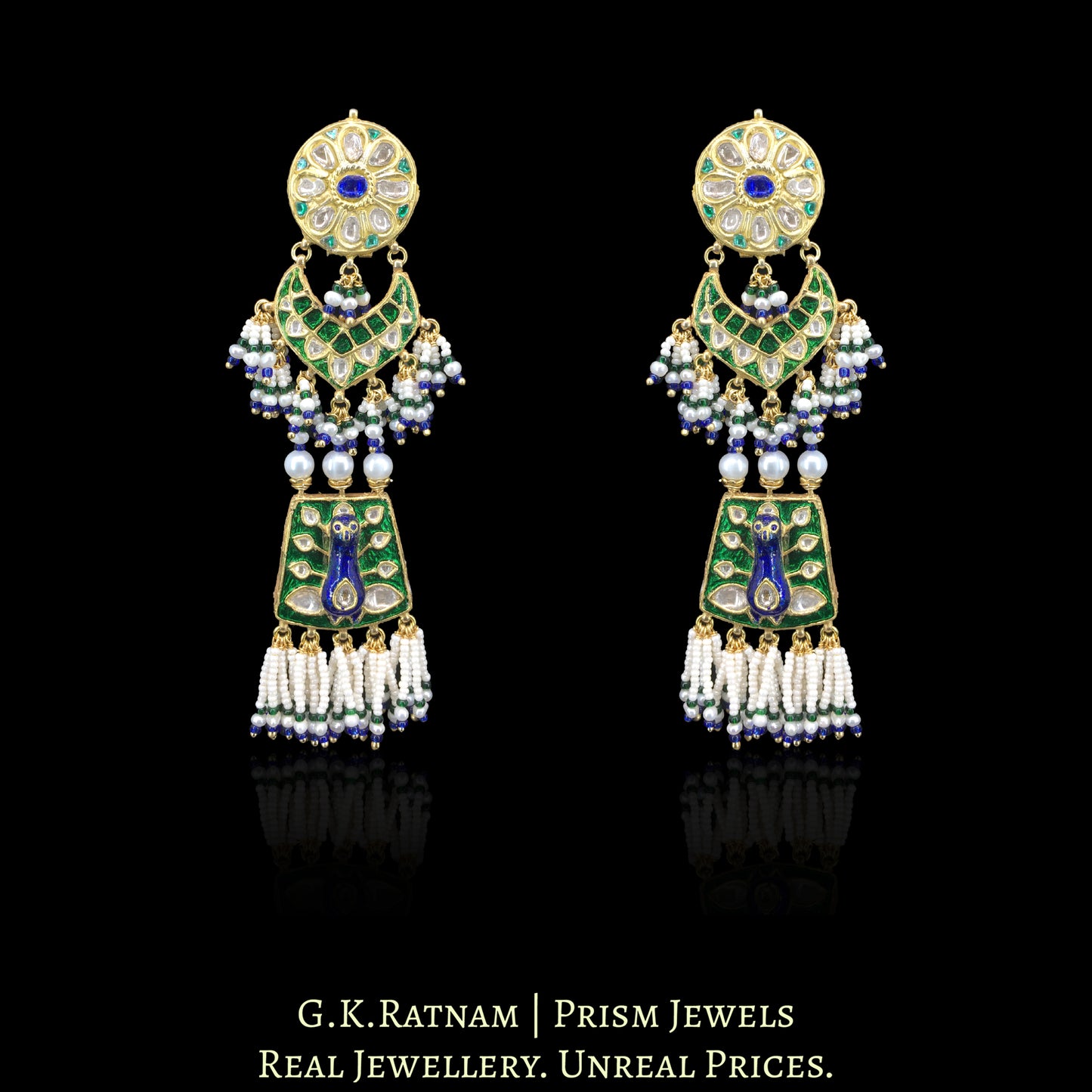 23k Gold and Diamond Polki Necklace Set with Peacock Motifs in Meenakari
