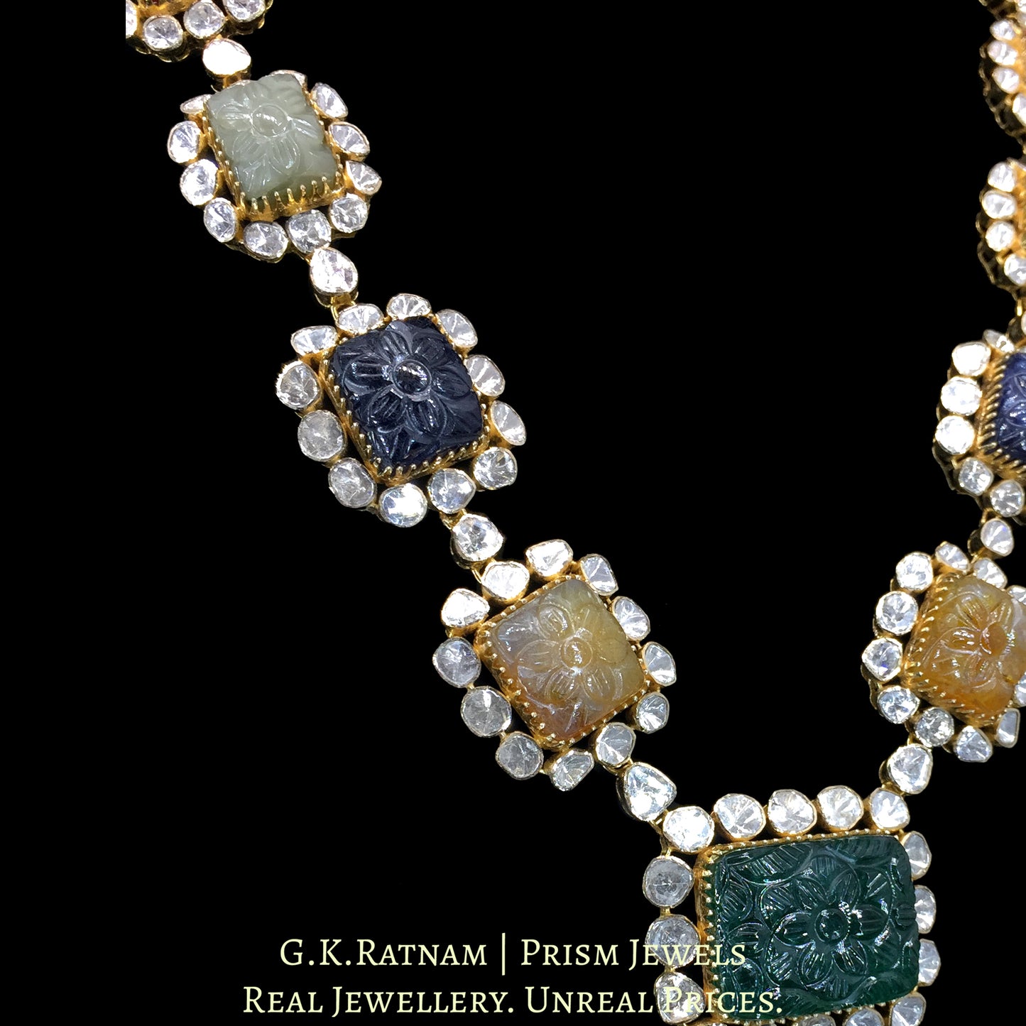 14k Gold and Diamond Polki Open Setting Long Navratna Necklace