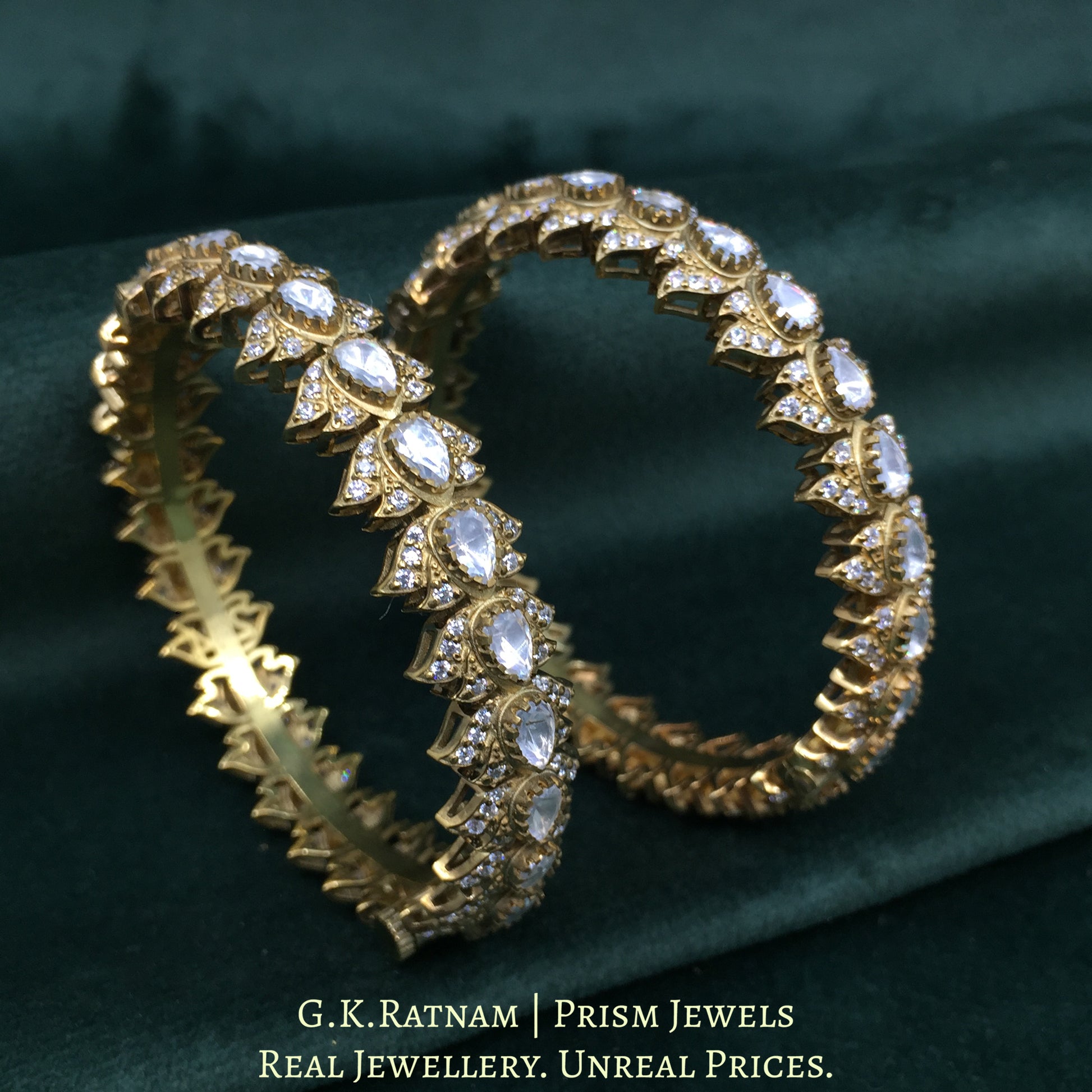 925 Silver Moissanites Polki Bangle Pair With Antique Finish - G. K. Ratnam