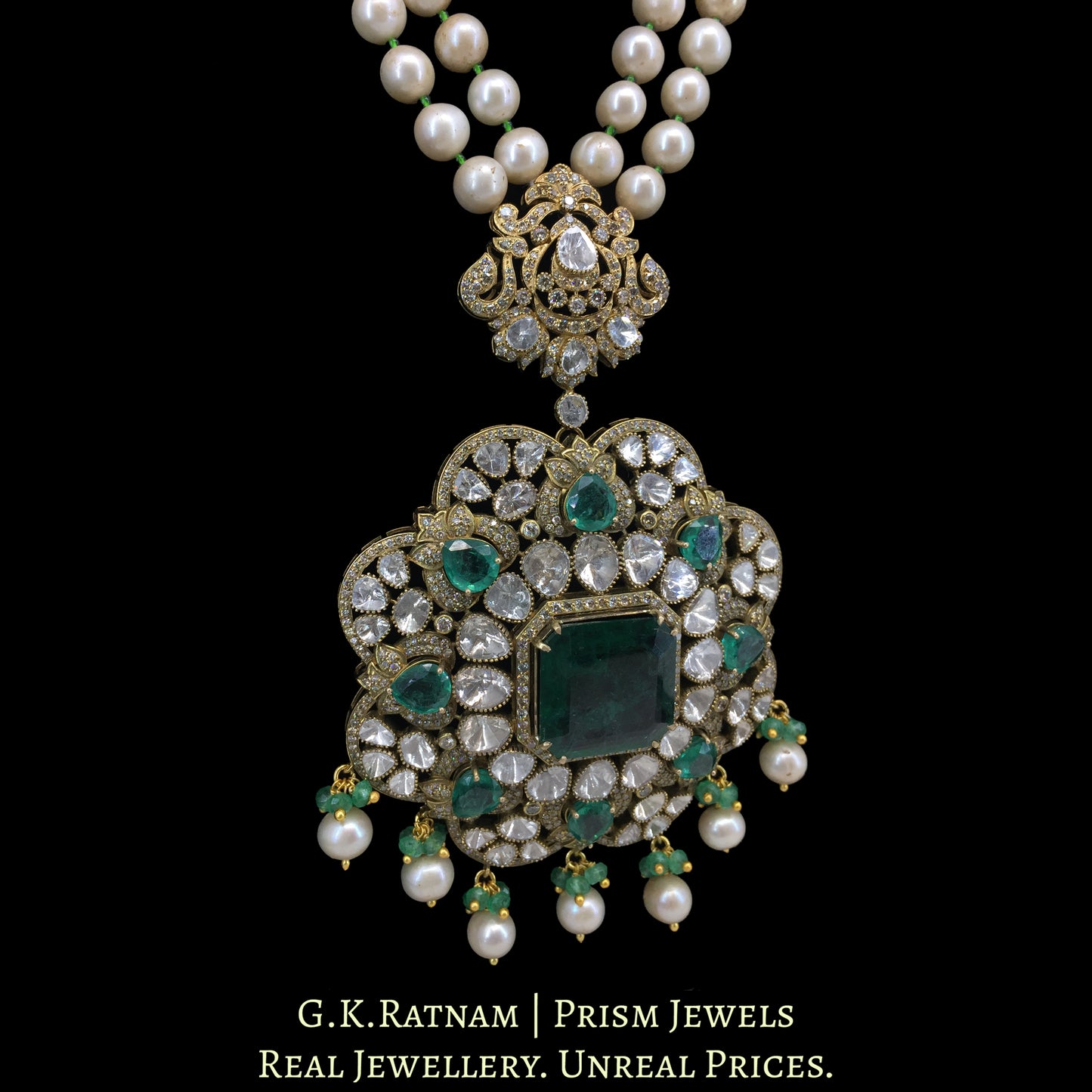 18k Gold and Diamond Polki Open Setting Pendant with Antiqued Hyderabadi Pearls
