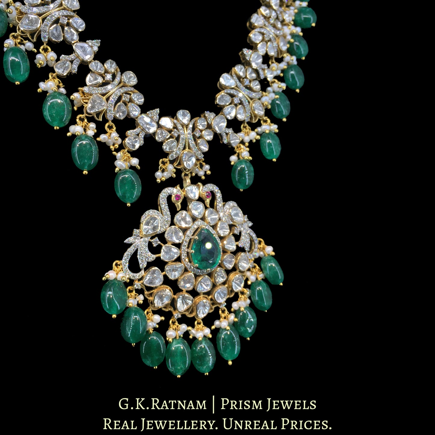 14K Gold And Diamond Polki Open Setting Long Necklace Set With Labgrown Emerald And Strawberry Quartz - G. K. Ratnam