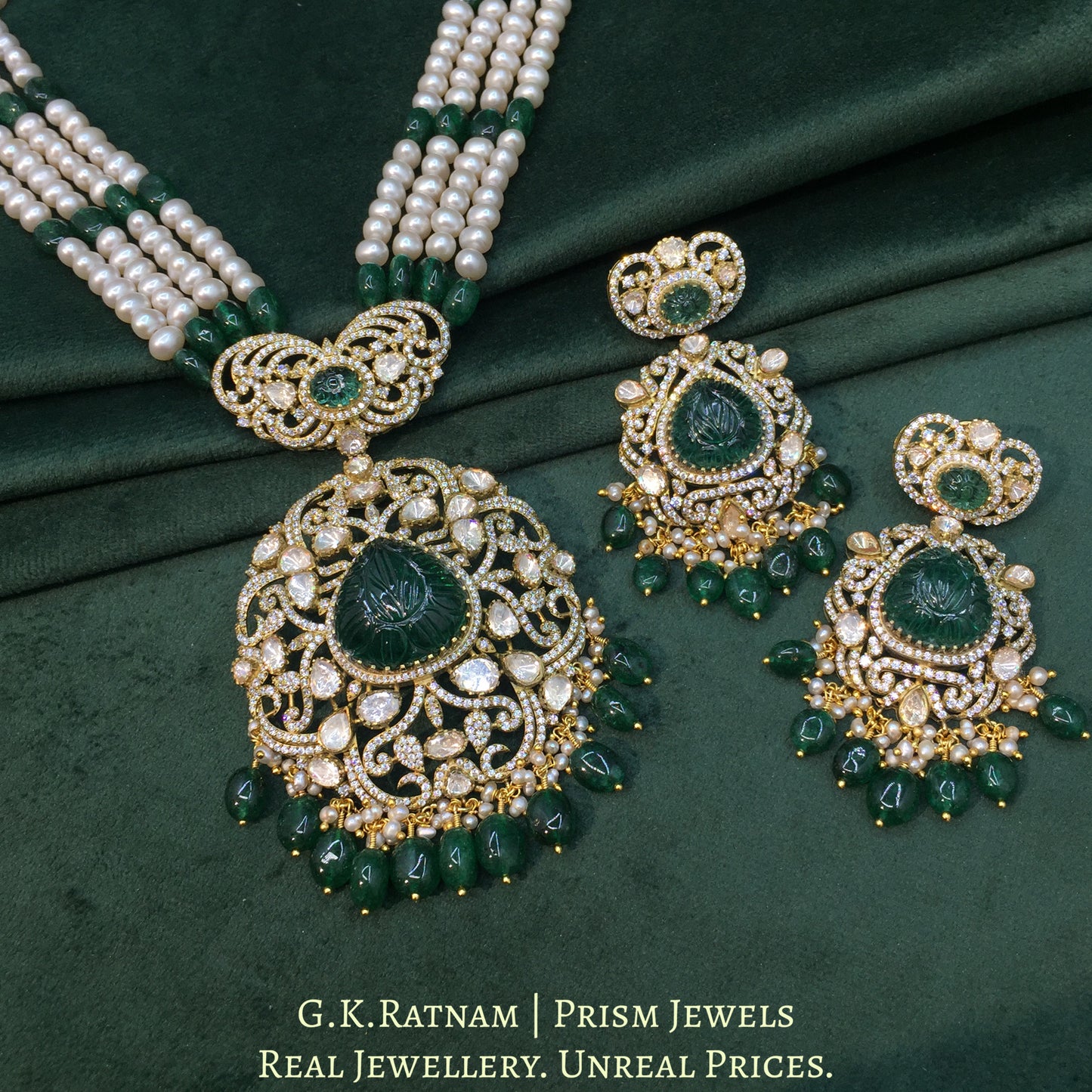 925 Silver Moissanite Polki Pendant Set With Lab-grown Emeralds And Strung In Pearls - G. K. Ratnam