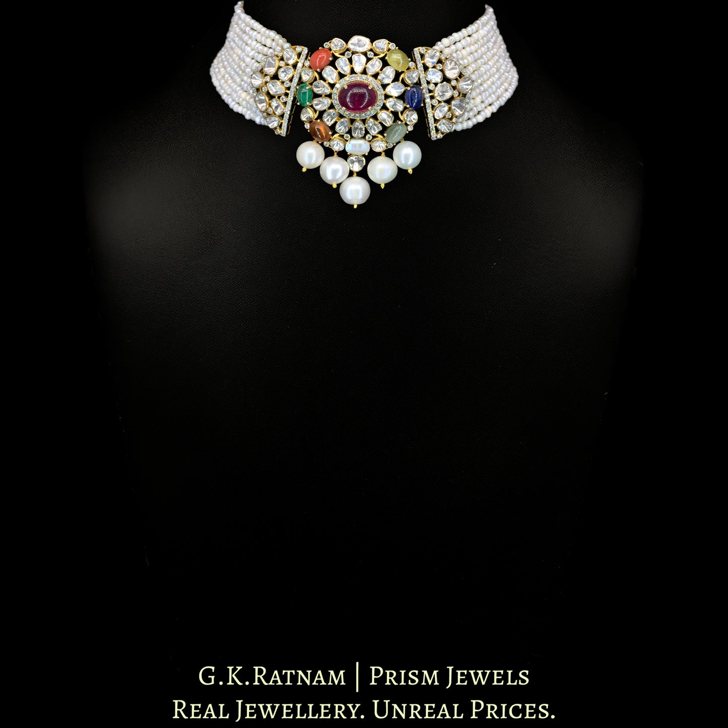 14K Gold And Diamond Polki Open Setting Choker Necklace Set With Pearls - G. K. Ratnam