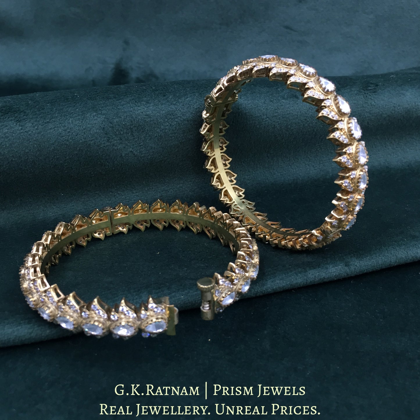 925 Silver Moissanites Polki Bangle Pair With Antique Finish - G. K. Ratnam