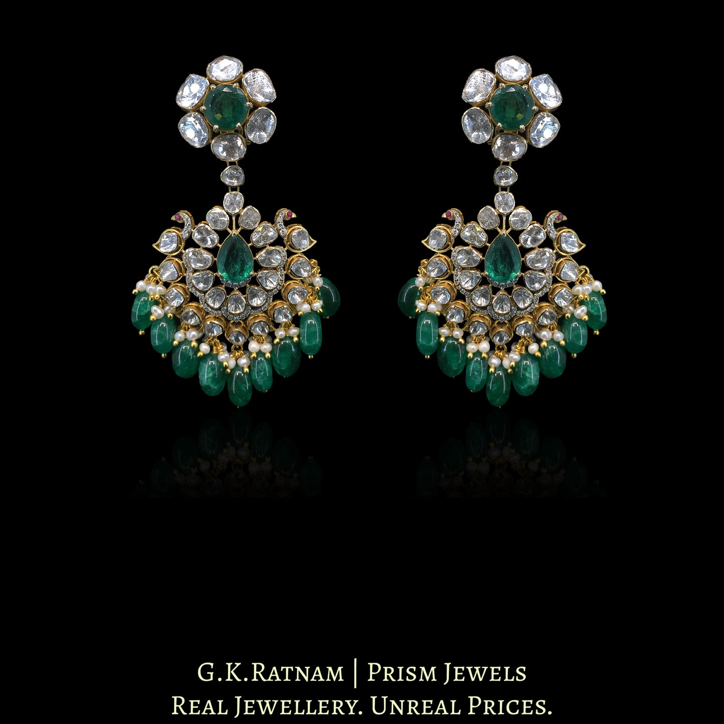 14K Gold And Diamond Polki Open Setting Long Necklace Set With Labgrown Emerald And Strawberry Quartz - G. K. Ratnam