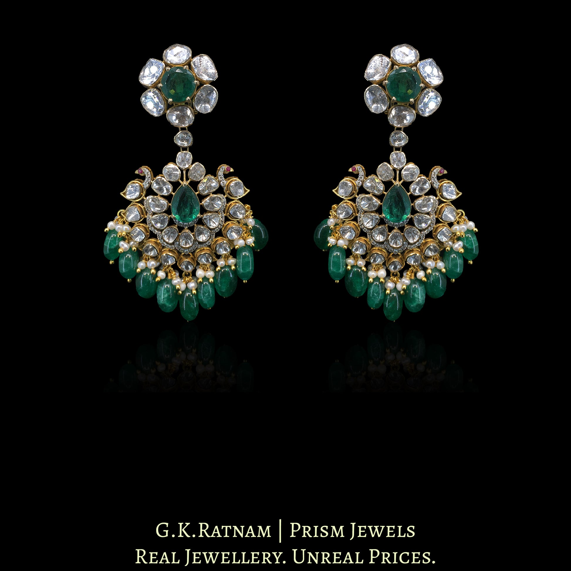 14K Gold And Diamond Polki Open Setting Long Necklace Set With Labgrown Emerald And Strawberry Quartz - G. K. Ratnam