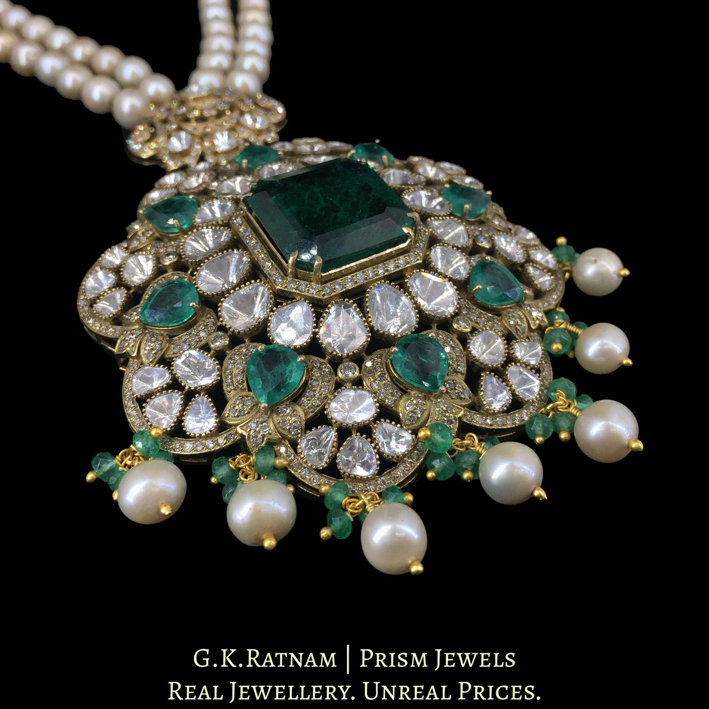 18k Gold and Diamond Polki Open Setting Pendant with Antiqued Hyderabadi Pearls