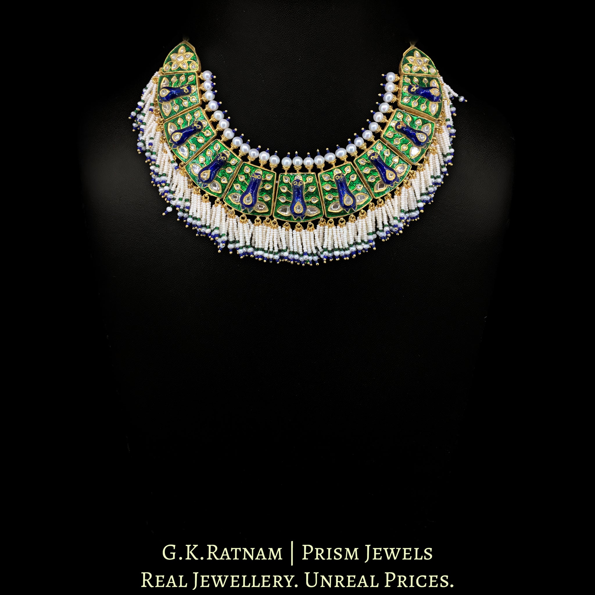 23k Gold and Diamond Polki Necklace Set with Peacock Motifs in Meenakari