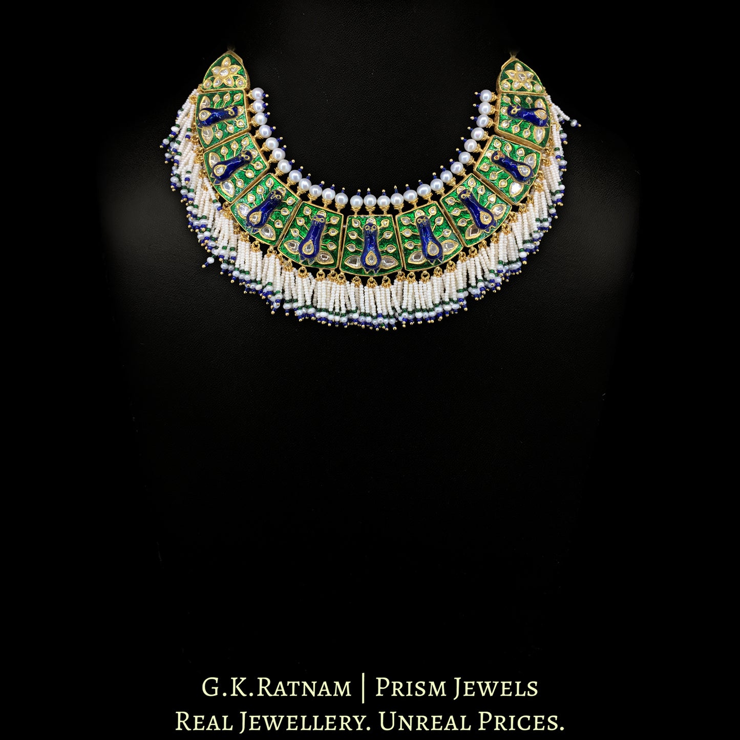 23k Gold and Diamond Polki Necklace Set with Peacock Motifs in Meenakari