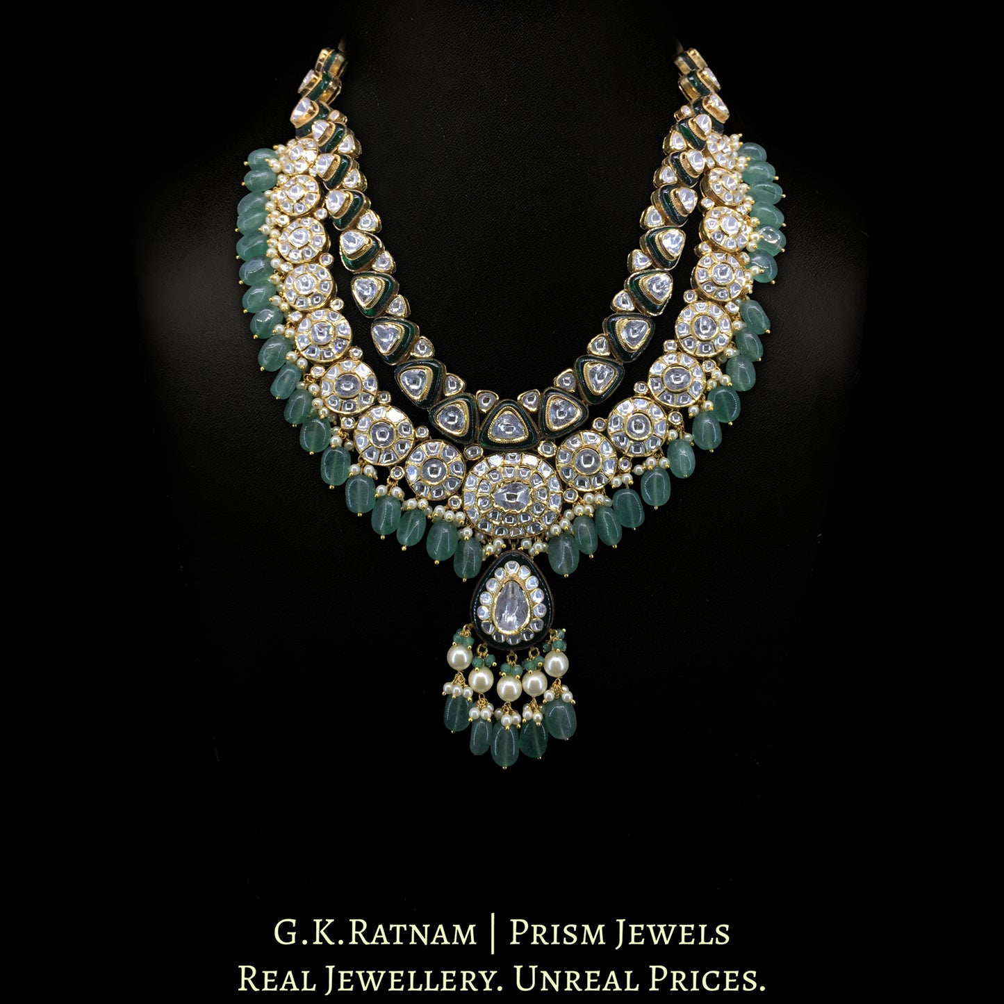 14k Gold and Diamond Polki Long Necklace Set enhanced with Strawberry Quartz