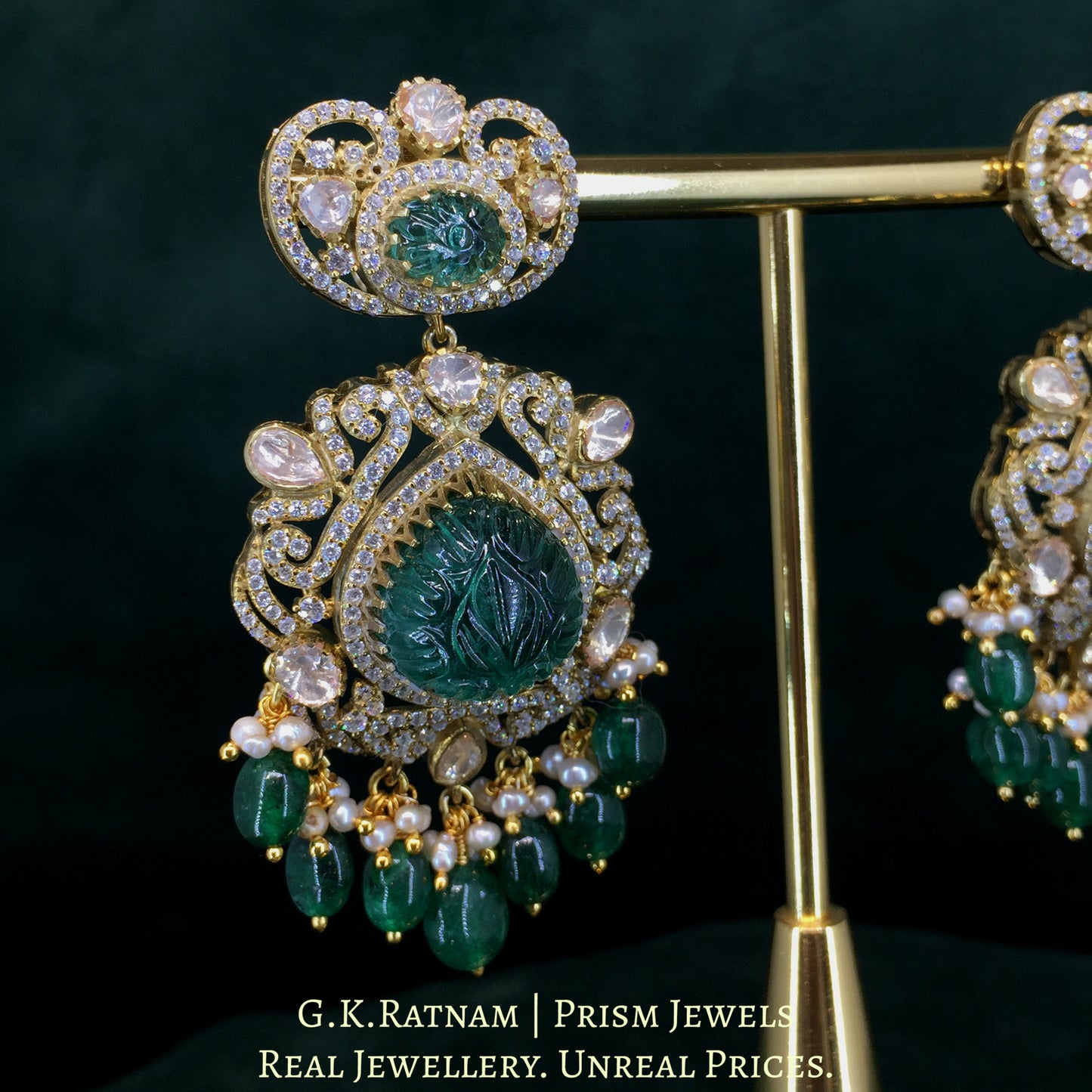 925 Silver Moissanite Polki Pendant Set With Lab-grown Emeralds And Strung In Pearls - G. K. Ratnam