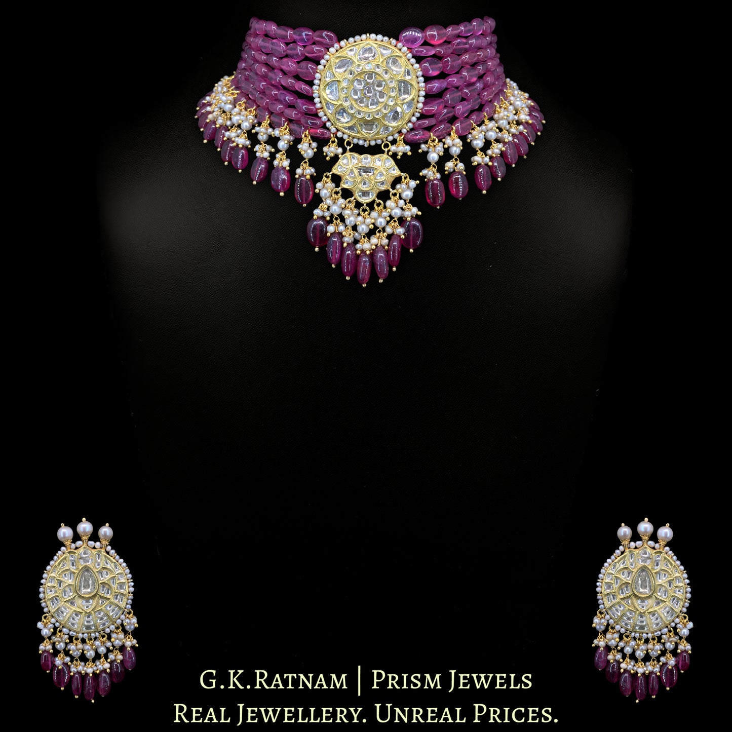 23k Gold and Diamond Polki Choker Necklace Set with Natural (glass-filled) Rubies