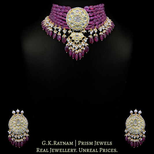 23k Gold and Diamond Polki Choker Necklace Set with Natural (glass-filled) Rubies