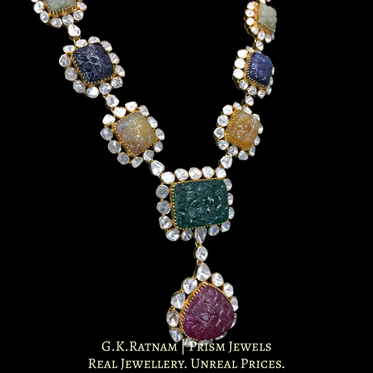 14k Gold and Diamond Polki Open Setting Long Navratna Necklace